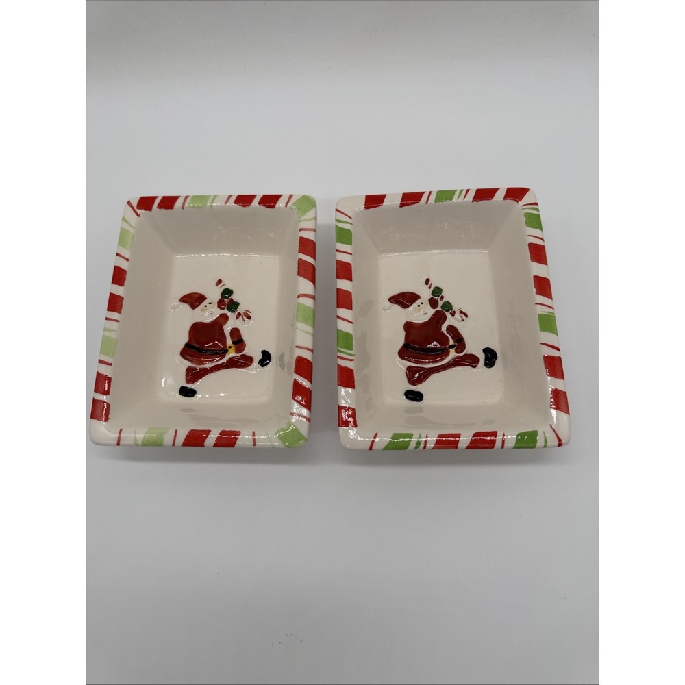 2 Int Christmas Candy Dish with Santa Marching with Candy Cane 5 x 6 1/2" New